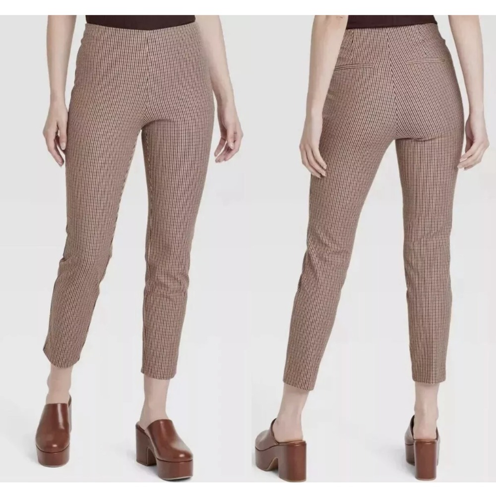A New Day Womens Pants Side Zip Stretch Ankle High Rise Plaid Size 8‎ Brown Pink